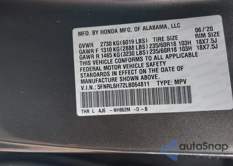 2020 Honda Odyssey Ex-L/Ex-L W/Navi Res z USA, uszkodzony, nr VIN 5FNRL6H72LB064811